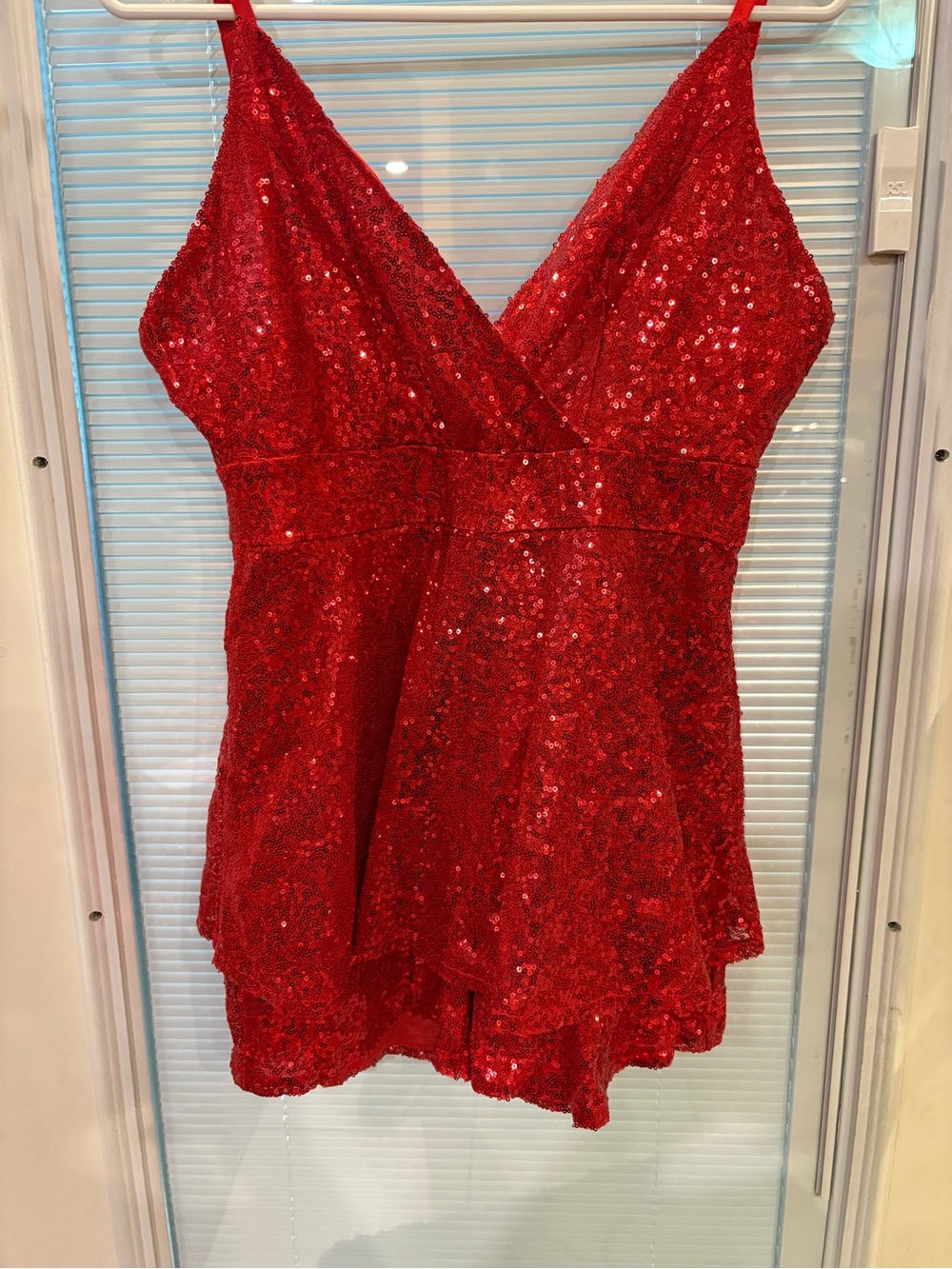 Red Sequin V-Neck Romper with Spaghetti Straps